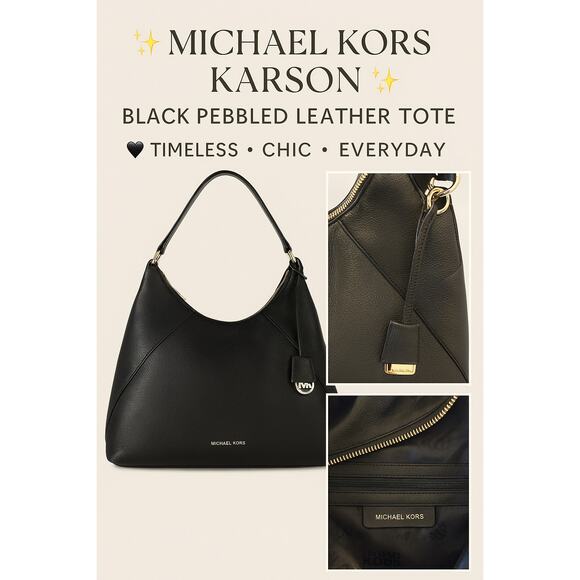 Michael Kors Karson Large Pebbled Leather Shoulder Bag  Black Purse Gold Hardwar - Picture 2 of 15